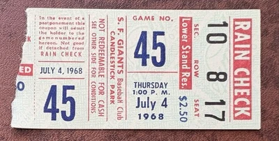 RARE 1968 SF Giants Ticket Stub 7/4/68 v. Atlanta Braves Hank Aaron 2 Hits SB - Image 1 of 4