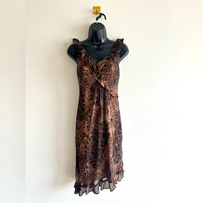 Vintage Brown Leopard Print Ruffle Dress Size 6p Asymmetrical Hem Y2K Midi Dress - Image 1 of 4