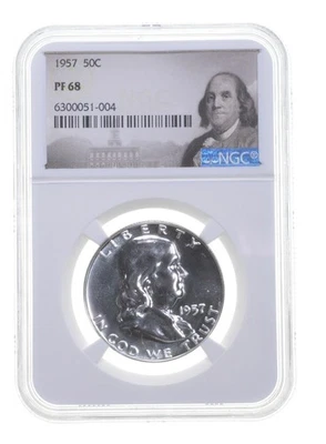 Moeda branca PF68 1957 prova Franklin meio dólar classificação NGC livre de manchas PR68 *1268 - Imagem 1 de 4