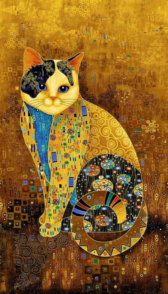 Cleo by Chong A Hwang Gold And Black Bejeweled Cat Cotton Fabric Panel 24" x 43" - Image 1 of 1