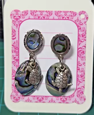 Vintage Stamped 925 Abalone Shell Sterling Silver Post Turtle Dangle Earrings Foto 1 de 4