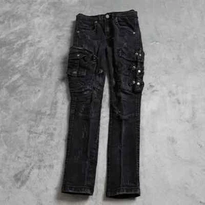 FWRD Denim Cargo Boys Size 8 Black Multiple Snap Pockets Skinny Distressed - Picture 1 of 18