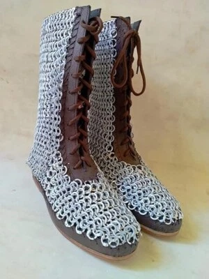 Medieval Brown Leather Long Boots With Aluminium Chainmail Renaissance Shoes - Image 1 of 4