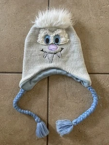 Disney Parks Hat OS White Beanie Ear Flap Braided Tassel Yeti Smile Knit - Picture 1 of 4