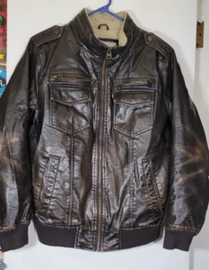 Levis Jacket Men's Small Distressed Brown Leather Sherpa Lined Full Zip Jacket - Picture 1 of 5