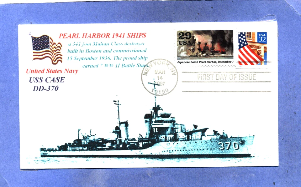 2559i USS CASE DD-370 Pearl Harbor 1941 Ship Blue Photo, Naval, Flag First Day - Image 1 of 1