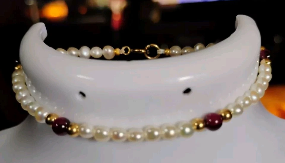 PULSERA ORO 14K FW PERLA SWARVOSKI ELEMENTOS Y CUENTAS GRANATE ROJO 7.25" #60 Foto 1 de 2