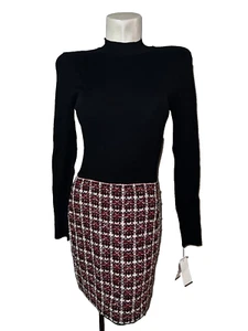 New BCX Women's Sz M Solid Black Ribbed Combo Tweed Skirt Long Sleeve Dress NWT - Picture 1 of 7