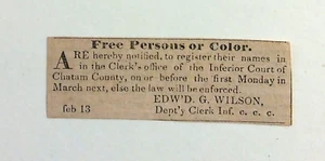 C. 1820 Savannah GA Newspaper Ad ~ "Free Persons of Color Must Register" - Picture 1 of 2