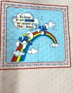 Vintage Smurf Home Baby Blanket Quilt Panel 1982 Peyo "Home Smurf Home" #13 - Picture 1 of 10