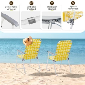 2 PCS Portable Folding Outdoor Yellow Beach Chairs Garden Webbed Strap Camping - Picture 1 of 7