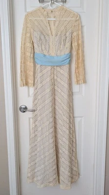 1970s Lace Bell Sleeve Maxi Dress Prairie Boho Cottage Core Vintage Fashion  - Image 1 of 4