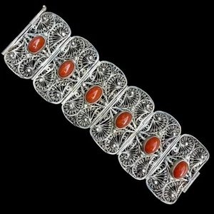 VTG Art Deco 800 Silver Carnelian Stone Wide Filigree Panel Bracelet Etruscan 7” - Picture 1 of 6