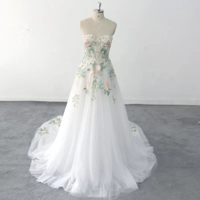 3D Floral Appliques Fairy Wedding Dresses Sleeveless V Neck Train Bride Gown - Image 1 of 4