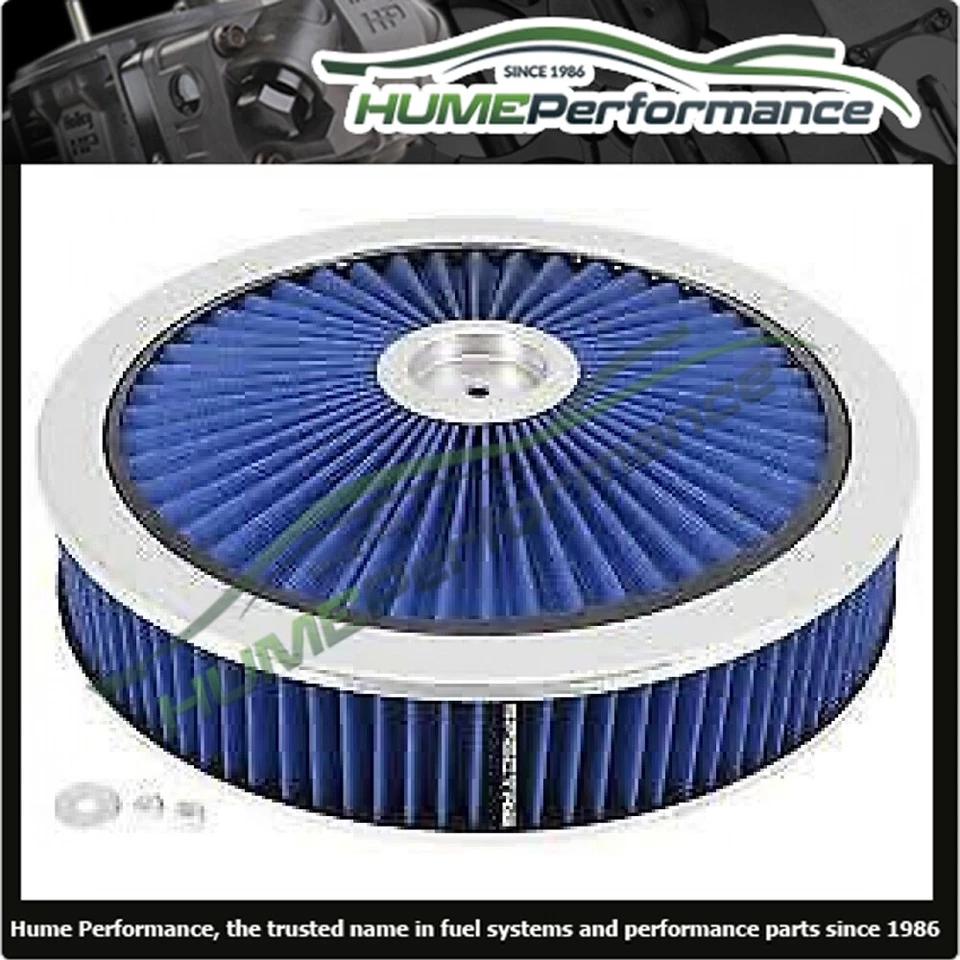 BLUE HI FLOW AIR CLEANER FILTER ASSEMBLY 14" X 3"  HOLLEY 5-1/8 NECK  47626 - Image 1 of 2