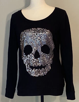 Sudadera Express Para Mujer Talla Pequeña Lentejuelas Calavera Negra Plateada Mangas con Puños Foto 1 de 4