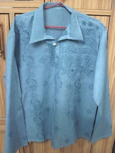 Chikan kurti embroidered kurta cotton Lucknowi ladies Lucknow jeans denim blue - Picture 1 of 2