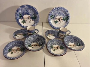 Cooks Bazaar Holly Mountain Lodge Blue Dinnerware Cabin Snow Winter Christmas - Picture 1 of 19