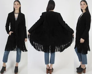 Scully Black Leather Fringe Duster jacket Womens Western Mid Length Lined Coat S - Picture 1 of 9