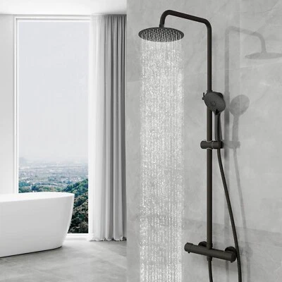 AICA Thermostatic Mixer Shower Set Round Black&Silver Finish Twin Head Exposed Valve