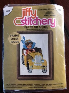 Jiffy Stitchery Crewel Embroidery Off to the Social Vintage Kit 753 5x7 NOS 1974 - Picture 1 of 4