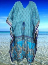 Sea Blue Printed Dresses Gift For Mom Beach Coverup Lightweight Resort Dress 2XL