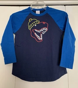 Hanna Andersson Boy’s SZ 8 Long Sleeve T-Shirt Blue Dinosaur Hat Winter Happy - Picture 1 of 9