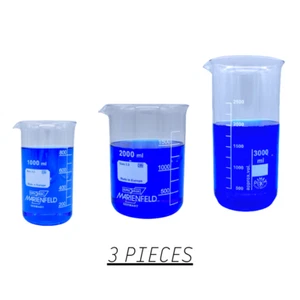 Glass Beaker 1000/2000/3000 ml Borosilicate glass 3.3 Marienfeld Set of 3 Pieces - Picture 1 of 1