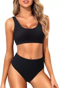 Two Piece High Waisted Bikini Sporty Scoop Neck Swimsuits for Women Size S - Picture 1 of 5