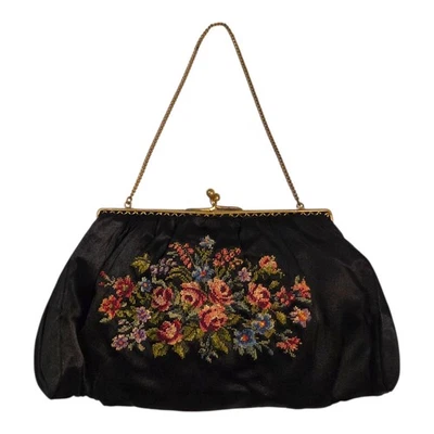 Bolso de Noche Vintage Bordado Petite Point Floral Negro Satinado Foto 1 de 4