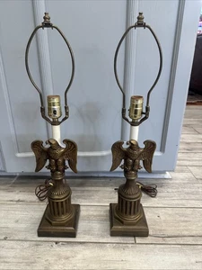 Pair Mid Century American Eagle Brass & Wood Urn Style Table Lamps - Picture 1 of 10
