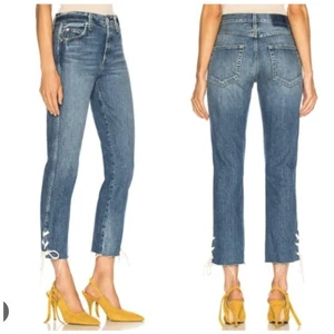 AMO Babe Lace-Up Jeans Women's Blue Denim Raw Hem Cropped Size 25 - Picture 1 of 9