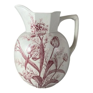 Antique Transfer Red White LARGE Pitcher Tulips Floral Spring England ca. 1900 - Picture 1 of 21