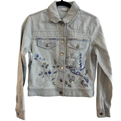 Vintage Y2K Embroidered Light Wash Denim Jacket With Bird & Floral Design Button - Image 1 of 4