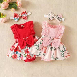 2-teiliges Neugeborenes Baby Mädchen Blumenmuster Kleidung Strampler Schleife Tutu Rock Stirnband Outfit Set - Bild 1 von 9
