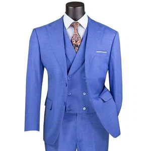 VINCI Men's Blue Textured 3pc Modern Fit Suit w/ Adjustable Waist - NEW - Picture 1 of 4