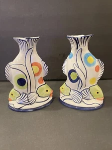 INTRADA Italian Ceramic Fish 2 Candle Stick Holders Hand Painted Italy Vintage - Picture 1 of 12