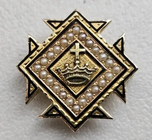 14K Gold Knights Templar Crown & Cross Seed Pearl Black Enamel Pendant / Brooch  - Picture 1 of 13