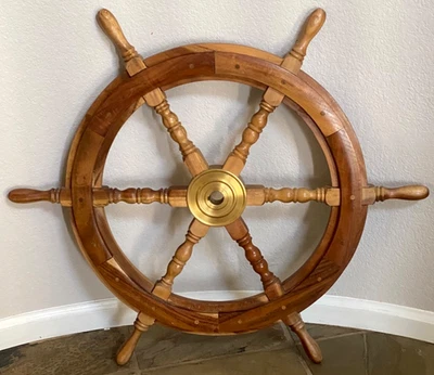 Vtg Maritime Nautical Boat Wooden Ship Wheel 30"  Steering Wheel - Wood, Brass - Image 1 of 4