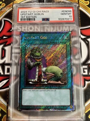 YuGiOh UPSTART GOBLIN #RA03-EN096🔥PSA 10🔥1st EDITION-2024 PLATINUM SECRET RARE - Image 1 of 4