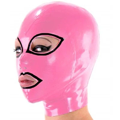 Pink Latex Hood with Black Trim Back Zipper Rubber Mask for Beautiful Girl Wear - Image 1 of 2