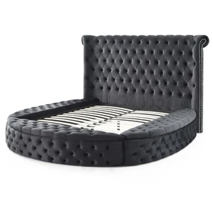 Elizabeth Upholstered Velvet Round Storage King Size Bed in Black Color - Picture 1 of 11