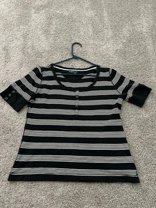Camicia donna Lauren Ralph Lauren nera bianca a righe manica corta cotone large - Foto 1 di 3