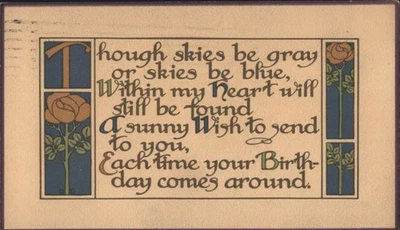 Saludo de cumpleaños decorativo con rosas poema 1913 Art Nouveau IL Kapps, Albany, Nueva York Foto 1 de 2