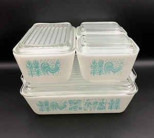 Vtg Pyrex Turquoise Amish Butterprint Lidded Refrigerator Dish Set of 4 (8-PCs) - Picture 1 of 24