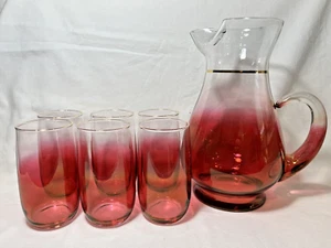 Vintage Blendo Red Cranberry Glass Pitcher and 6 Glasses Tumblers Set MCM - Picture 1 of 11