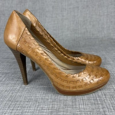 Andrew Geller Sz 7 Whisky Brown Woven Leather Platform Pumps Wood Stiletto Heels - Image 1 of 4