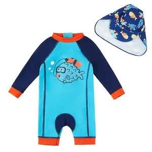 Baby Boy Swimsuit UPF 50 One Piece Infant Boy Bathing Suit with Sun HatBlue12... - Picture 1 of 7