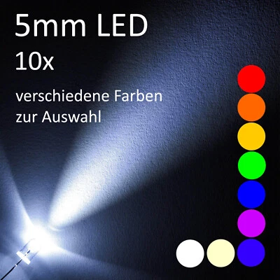 10 Stück 5mm LED Ultrahell Klar verschiedene Farben zur Auswahl DIY Beleuchtung - Bild 1 von 3