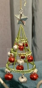 GREEN METAL WIRE TREE CHRISTMAS ORNAMENT WITH JINGLE BELLS! - Picture 1 of 3